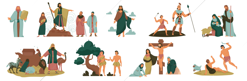 Christ bible story color icon set stories from different times and situations related to the god jesus moses and the people vector illustration