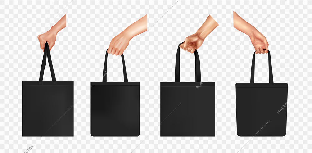 Realistic hands bag transparent icon set a womans hand holding a black cloth bag from different angles vector illustration