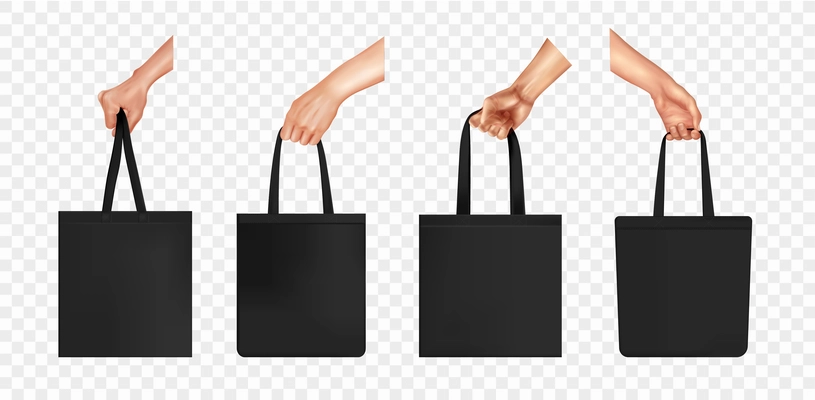 Realistic hands bag transparent icon set a womans hand holding a black cloth bag from different angles vector illustration