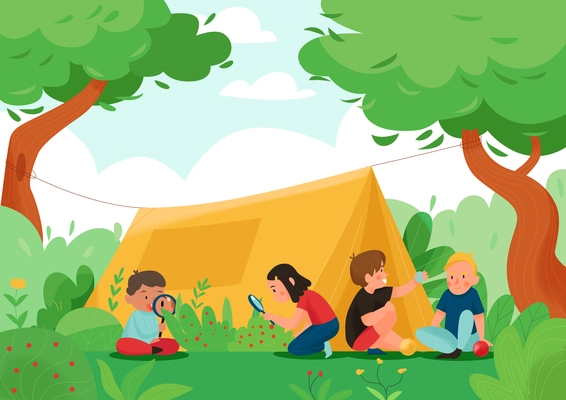 Summer children playing activity tent composition children looking for and looking at berries in the woods vector illustration