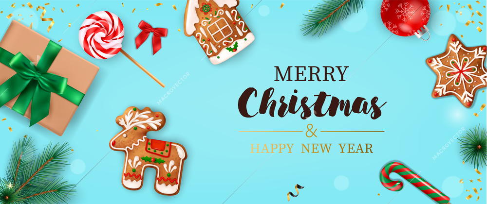 Realistic christmas horizontal poster with merry christmas and happy new year headline with gingerbread cookies around vector illustration