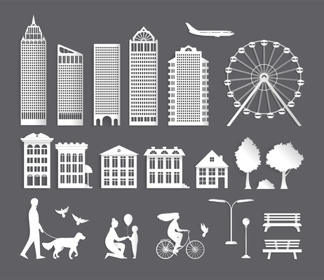 Set of isolated paper city elements with silhouettes of people park trees houses skyscrapers and airplane vector illustration