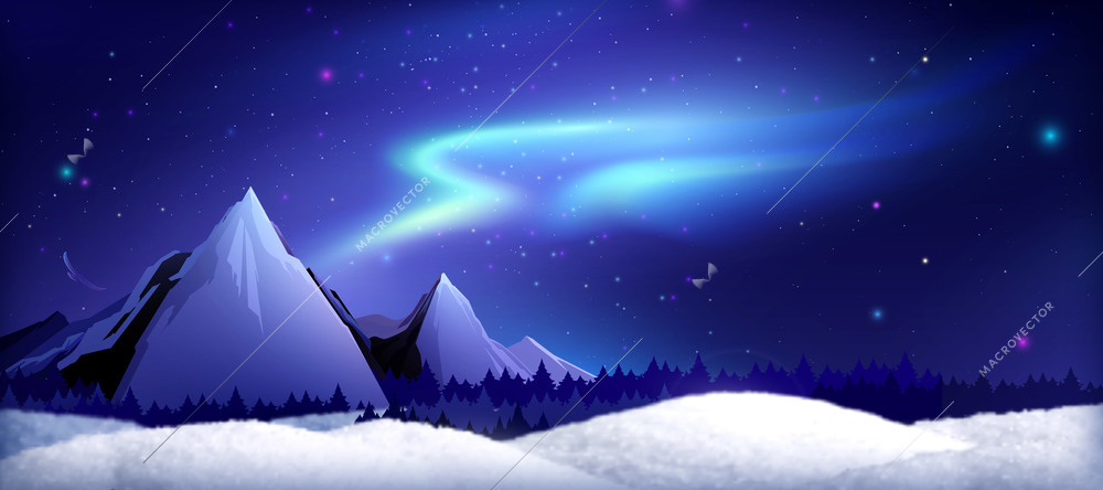Winter northern lights snowy landscape realistic composition with outdoor scenery with starry sky mountains and forest vector illustration