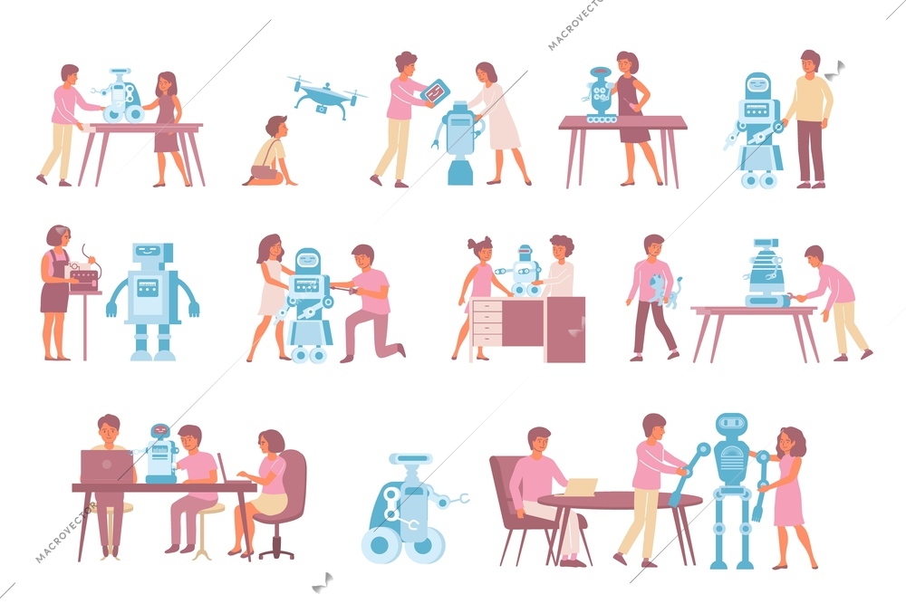 Robot education set of flat isolated icons and human characters interacting with robot helpers toy robots vector illustration