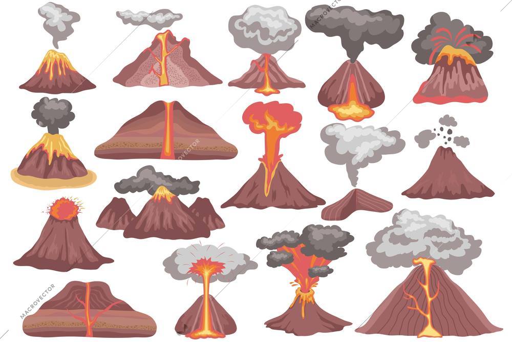 Volcano eruption flat set of isolated icons with mountains covered with streams of lava and smoke vector illustration