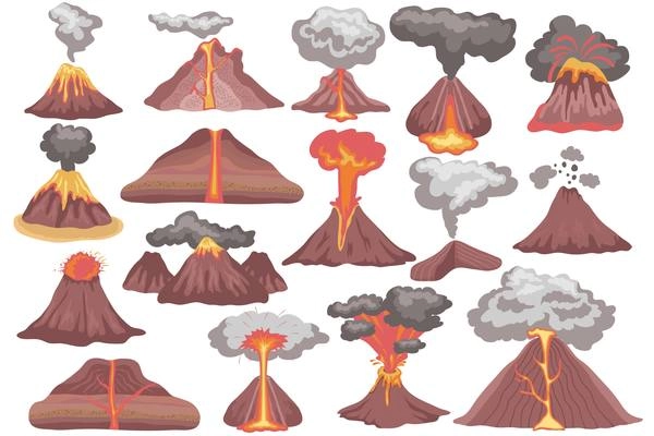 Volcano eruption flat set of isolated icons with mountains covered with streams of lava and smoke vector illustration
