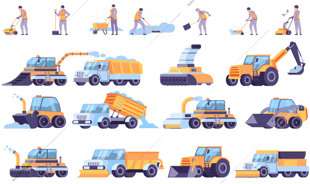 Snow cleaning flat set of snow removal machinery and people with shovels and handle snowplow vector illustration