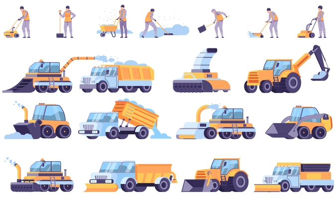 Snow cleaning flat set of snow removal machinery and people with shovels and handle snowplow vector illustration