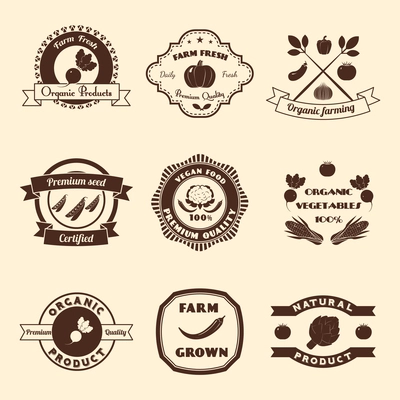 Vegetable farm fresh organic products premium quality label set isolated vector illustration