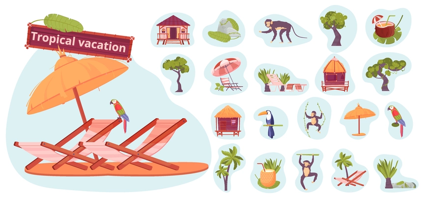 Tropical vacation flat icons set of beach equipment for sunbathing exotic animals and plants vector illustration