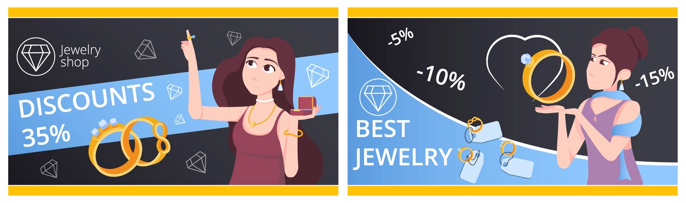 Jewelry sale flat banners with female cartoon character and advertising of discounts and best quality vector illustration