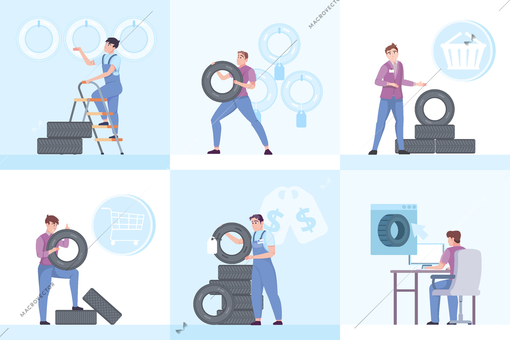 Auto service six square compositions set of technicians do testing and repairing car tires flat vector illustration