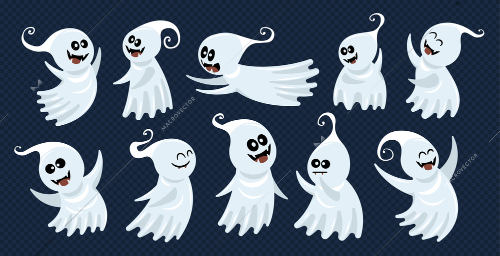 Ghost transparent icon set with isolated cartoon style characters of funny ghosts in white sleeping suits vector illustration