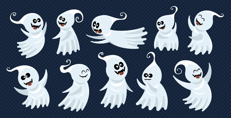 Ghost transparent icon set with isolated cartoon style characters of funny ghosts in white sleeping suits vector illustration