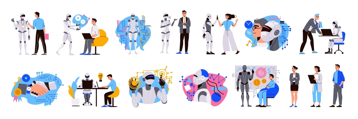 Artificial intelligence set with business teamwork and robot symbols flat isolated vector illustration