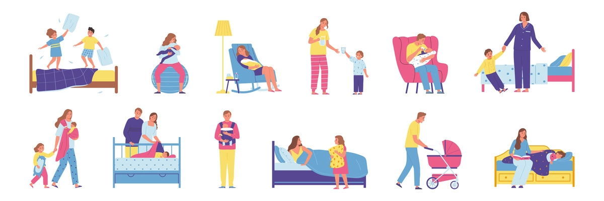 Children sleep flat set with parents and babies in different situations before going to bed isolated vector illustration