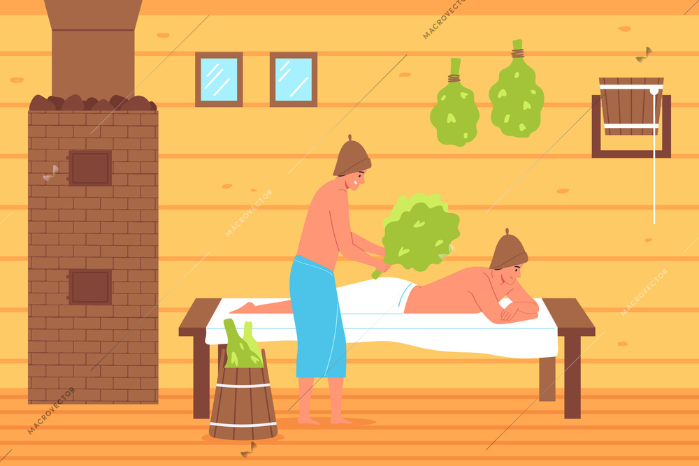 Two men wrapped in towels with besom relaxing in banya flat vector illustration