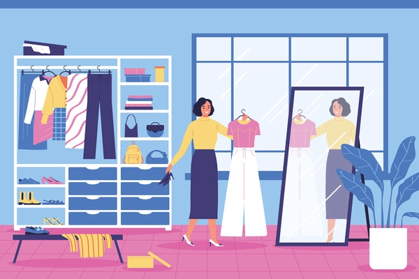Happy woman choosing outfit in front of mirror in wardrobe with fashionable clothes shoes and accessories flat vector illustration