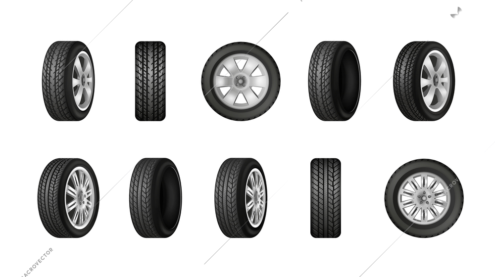 Car wheels with different protector tread patterns realistic monochrome set isolated on white background vector illustration