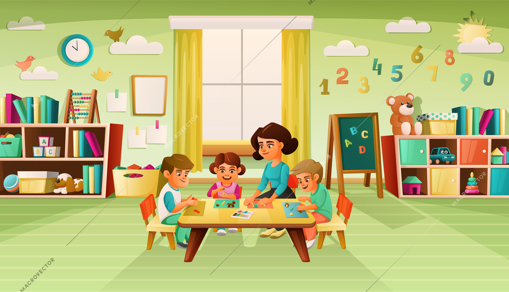 Interior of nursery room in preschool with nurturer and children modeling from plasticine cartoon vector illustration