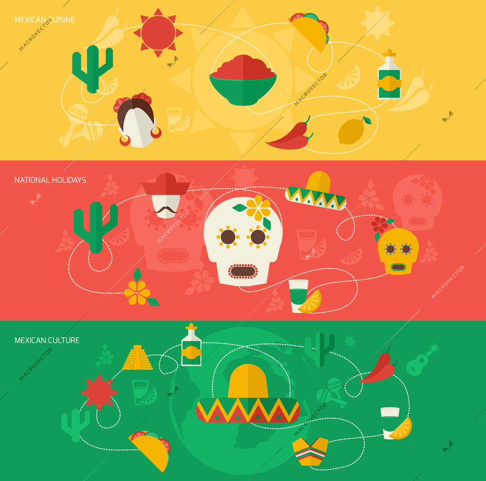 Mexico travel flat banner set with mexican cuisine national holidays culture isolated vector illustration.