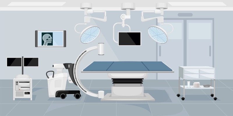 High tech medical operating room equipped advanced imaging devices flat background vector illustration