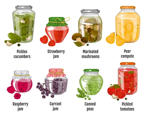 Homemade canned fruits and vegetables set of marinated mushrooms pear compote canned peas currant jam pickles cucumbers isolated vector illustration