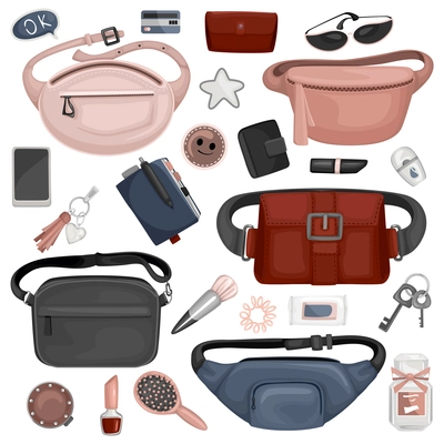 Trendy waist lady bags for handy items including perfume lipstick compact glasses keys purse colored set isolated vector illustration