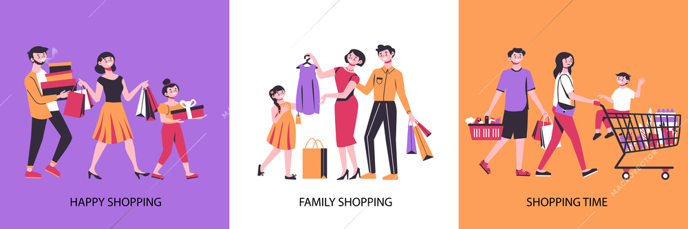 Shopping design concept with three square compositions of buyers characters with purchased goods and text captions vector illustration