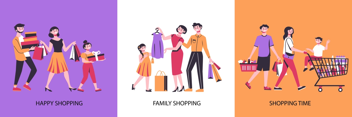 Shopping design concept with three square compositions of buyers characters with purchased goods and text captions vector illustration