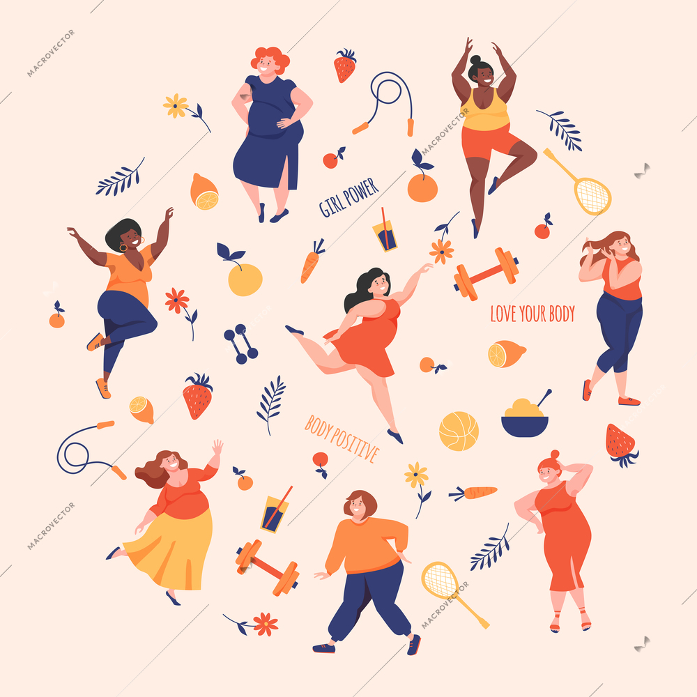 Body positive life round composition with isolated floral icons text and human characters of happy women vector illustration