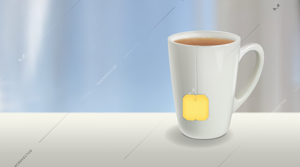 Realistic composition with white cup of black tea with teabag on blurred background vector illustration