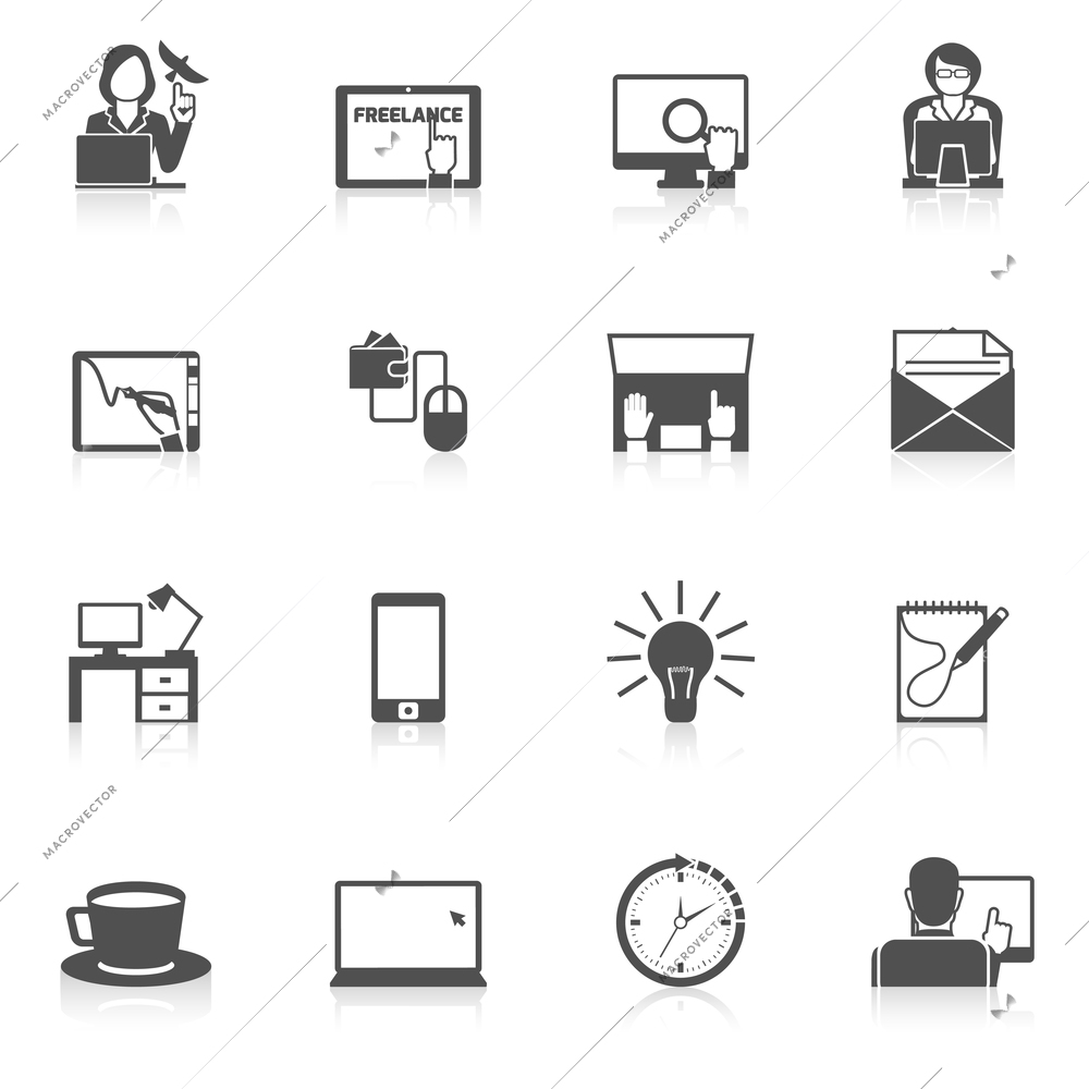 Freelance icon black set with idea work search time management symbols isolated vector illustration