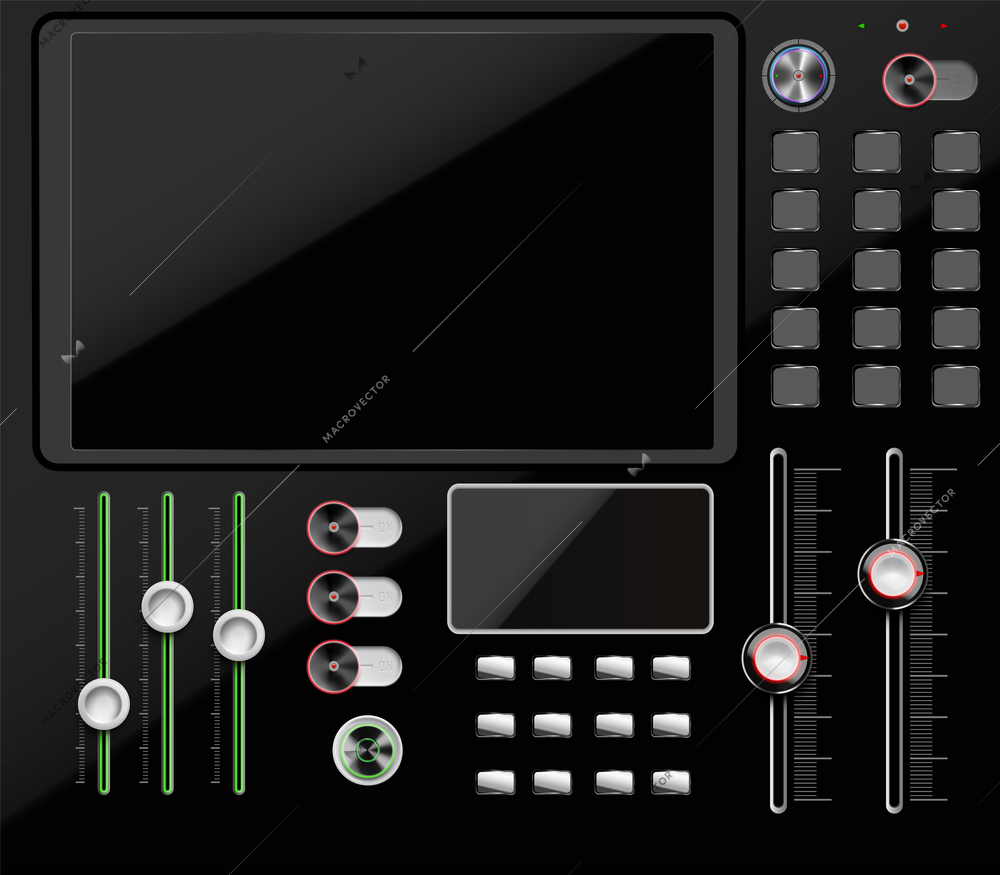 Dashboard elements realistic composition with flat view of control panel with big screen knobs and switches vector illustration