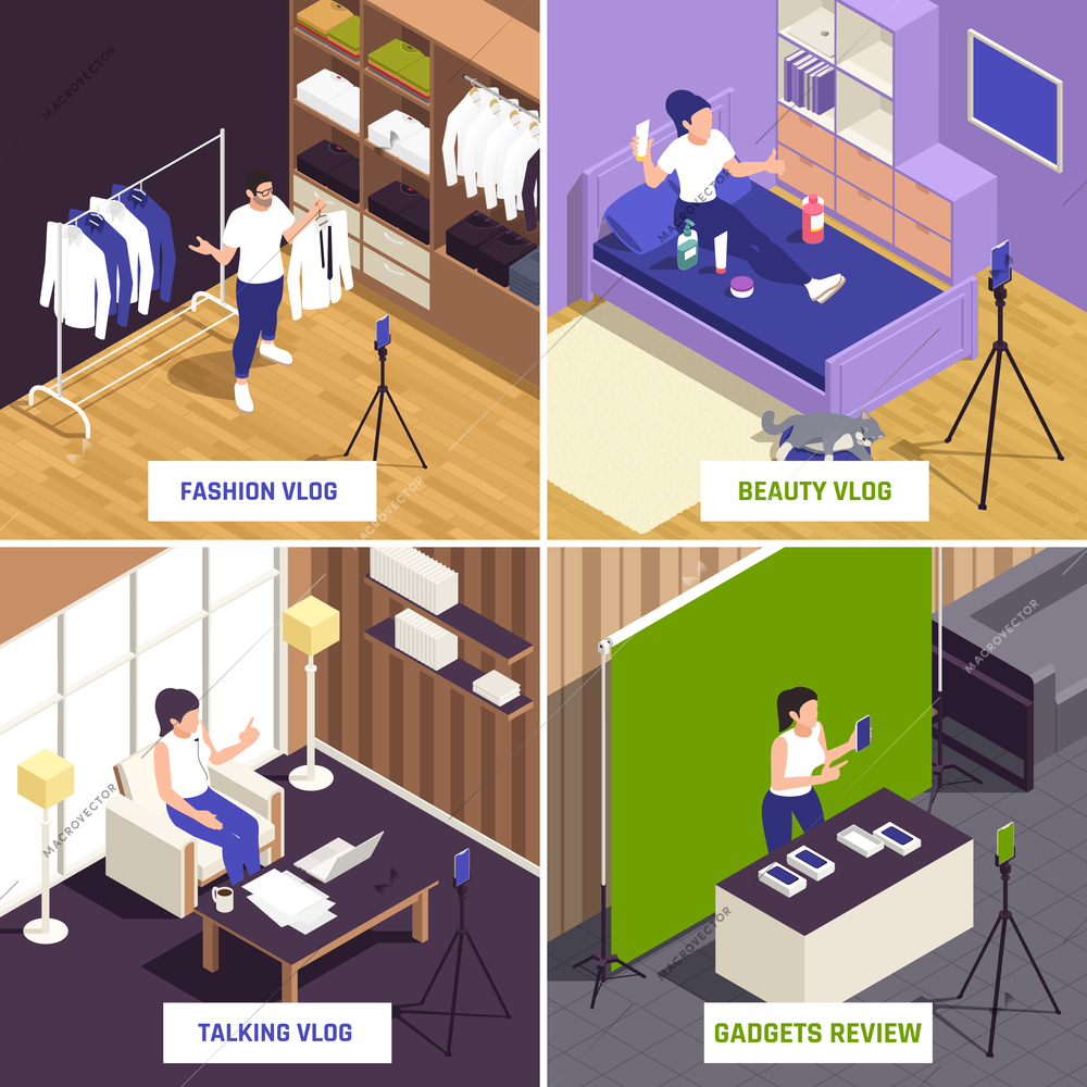 Popular video bloggers topics 4 isometric compositions with fashion clothing gadgets review beauty talking vlogs vector illustration