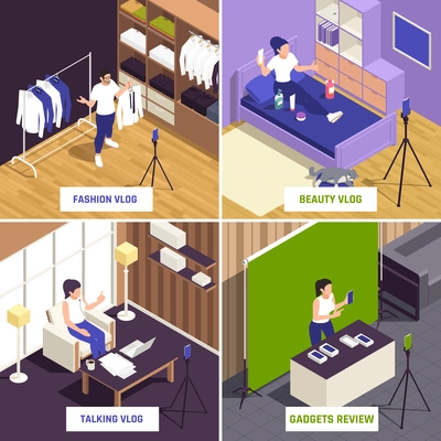 Popular video bloggers topics 4 isometric compositions with fashion clothing gadgets review beauty talking vlogs vector illustration