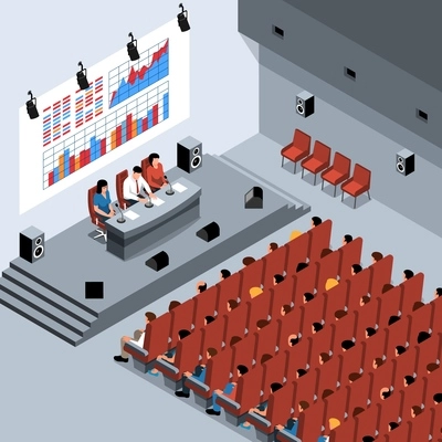 Isometric conference composition with indoor view of auditorium with guests and stage with table and screen vector illustration