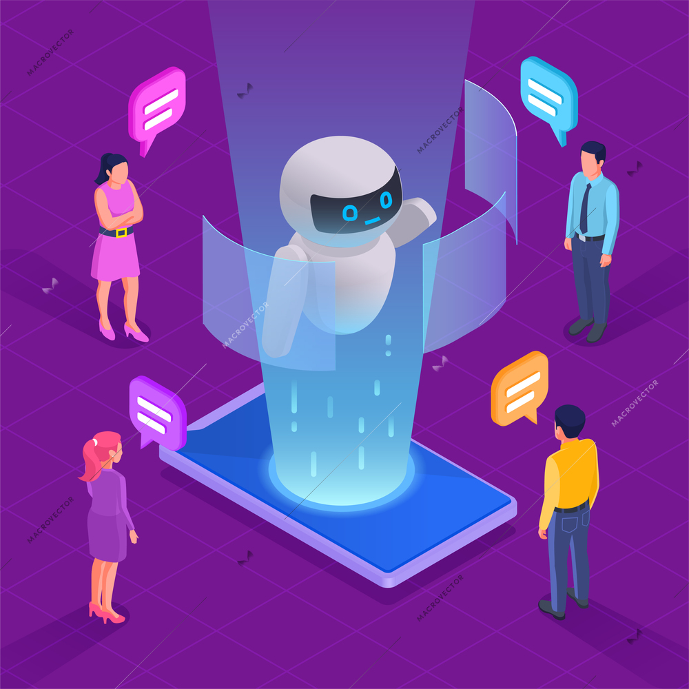 Chatbot concept with technical support and working symbols isometric vector illustration