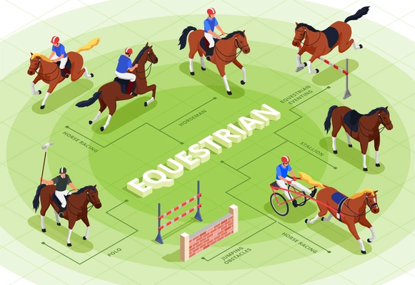 Equestrian sport flowchart with horse racing symbols isometric vector illustration