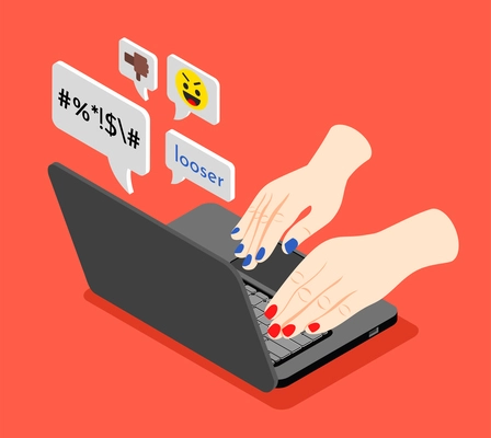 Isometric cyber bullying red background with human hands sending offensive messages on laptop 3d vector illustration