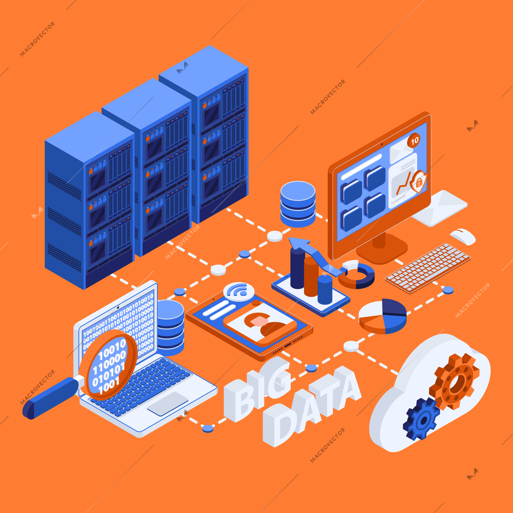 Isometric flowchart depicting the process of transferring big data between a server and cloud storage vector illustration