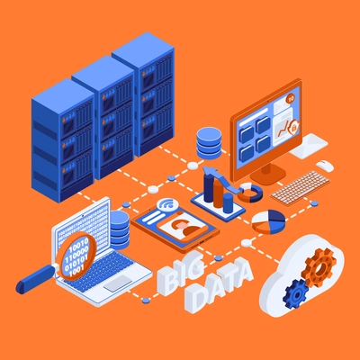 Isometric flowchart depicting the process of transferring big data between a server and cloud storage vector illustration