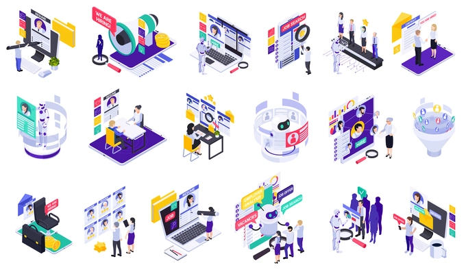 Hr recruitment hiring isometric set with isolated icons of work profiles job candidates and working spaces vector illustration