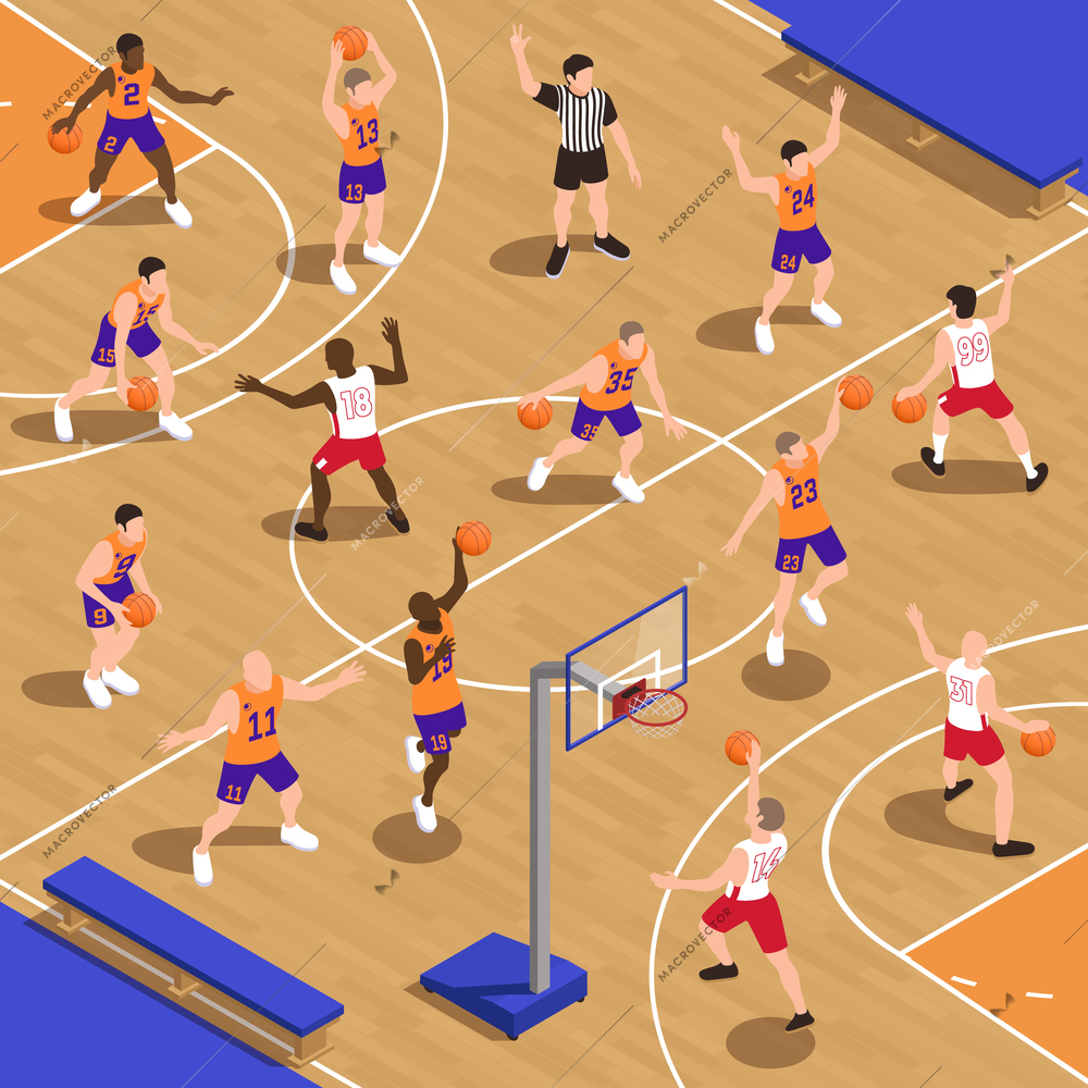 Basketball isometric composition with view of court with human characters of players with balls and baskets vector illustration