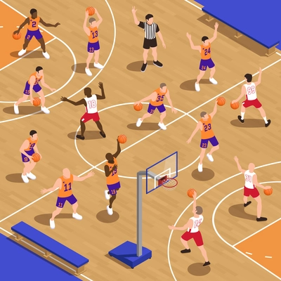 Basketball isometric composition with view of court with human characters of players with balls and baskets vector illustration