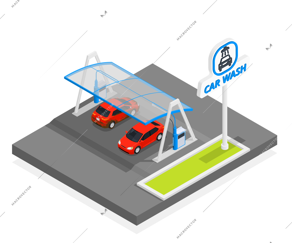 Car wash isometric concept  outdoor car wash under a shelter for two cars vector illustration