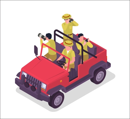 Safari isometric colored composition four hikers drive a red pickup truck and take pictures of the nature around them vector illustration