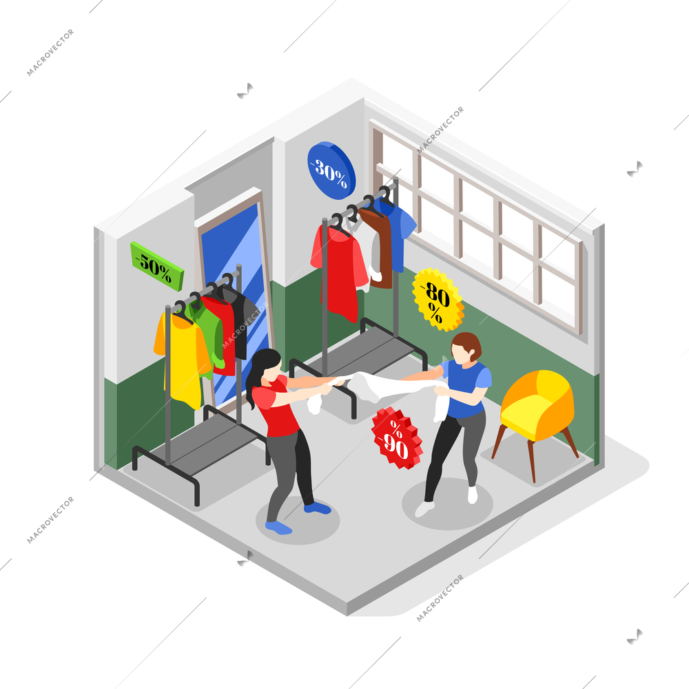 Black friday 3d composition with two girls fighting for dress in shop interior isometric vector illustration