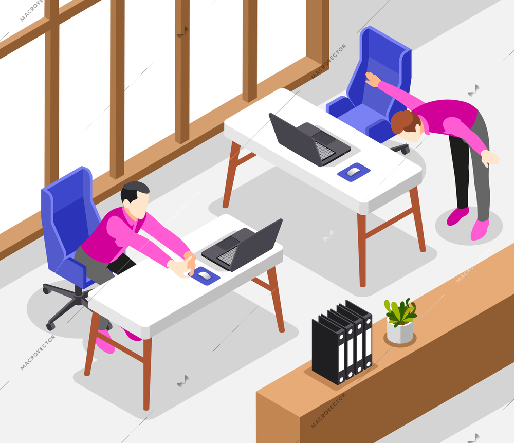 Office stretches isometric background with two male character doing workout at work place vector illustration