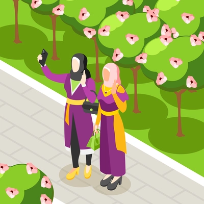 Colored isometric background with two young female person in hijab taking selfie at garden nature vector illustration